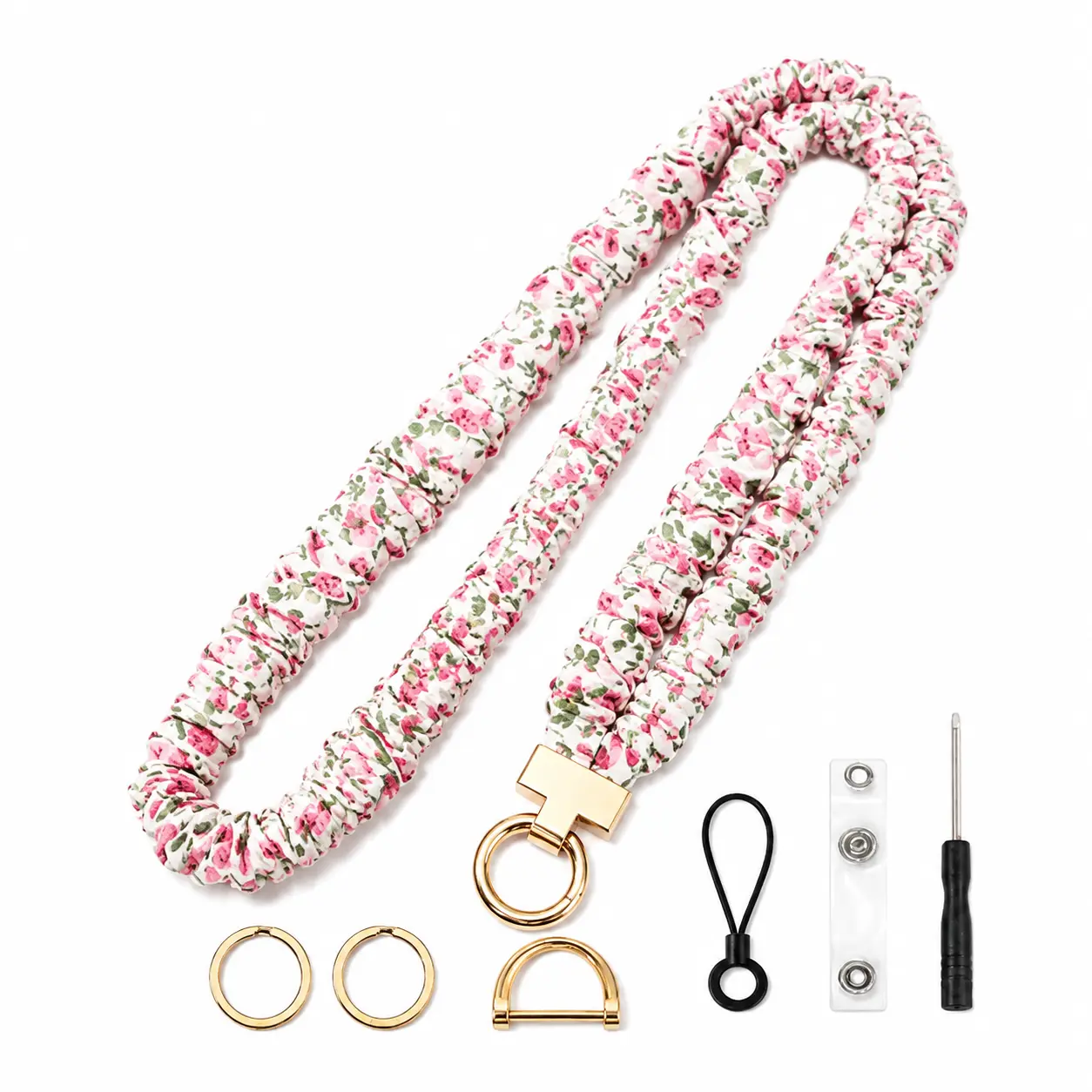 Soft Stretch Scrunchie-Style ID Badge Lanyard for Teachers and Office Professionals Featuring Two Clear PVC Card Pockets, Lightweight Floral Design in Pastel Pink for Everyday Wear