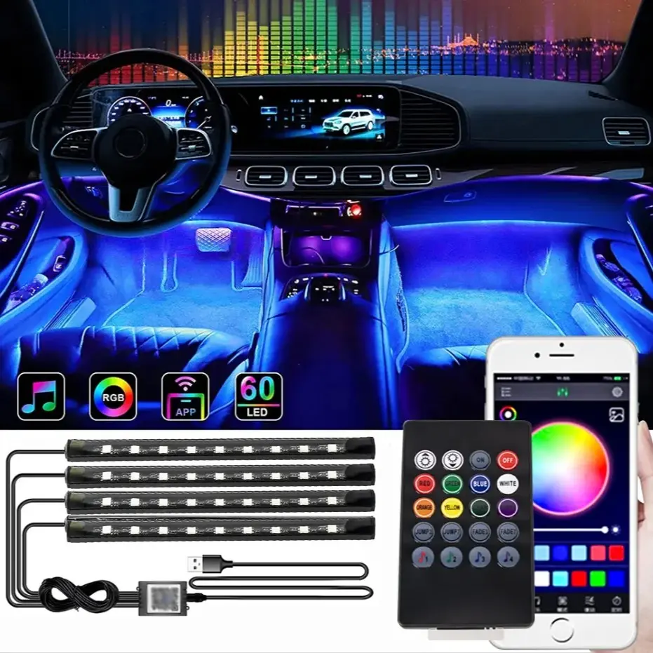 48 LED Car Interior Lights RGB Footwell Ambient Lighting Kit, USB APP Control, Wireless Remote, Music Sync, Dashboard Decoration