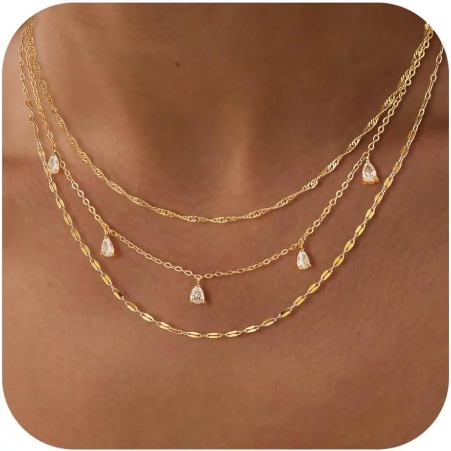 Layered Necklaces for Women, Dainty Gold Necklace Stack 14k Gold Plated Layering CZ Chain Choker Necklaces for Women Trendy Simple Non Tarnish Gold Necklaces Set Fashion Bridal Prom Jewelry