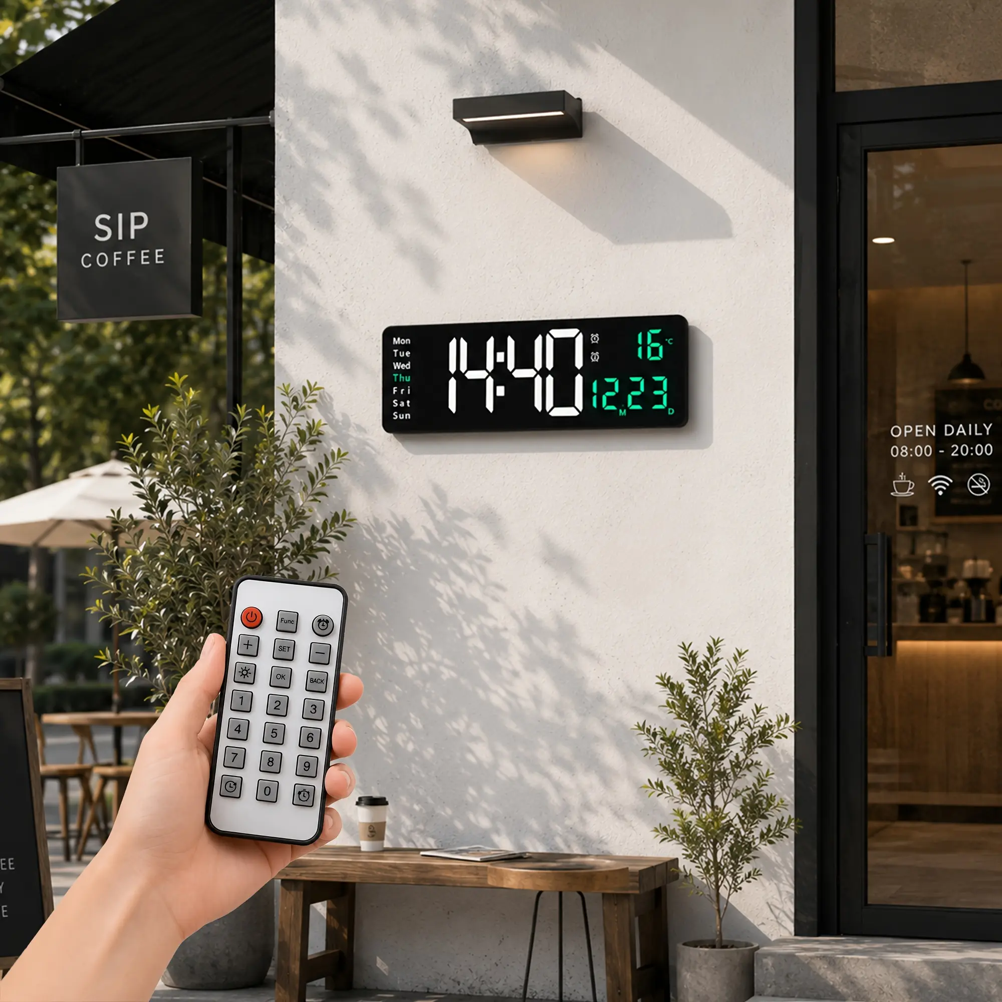 Large Outdoor LED Digital Wall Clock with Remote Control, Multifunctional Date Clock, Displays Time, Date, Day of Week & Temperature, Wall‑Mounted Digital Clock for Bedroom, Living Room, Office Modern Home Decor