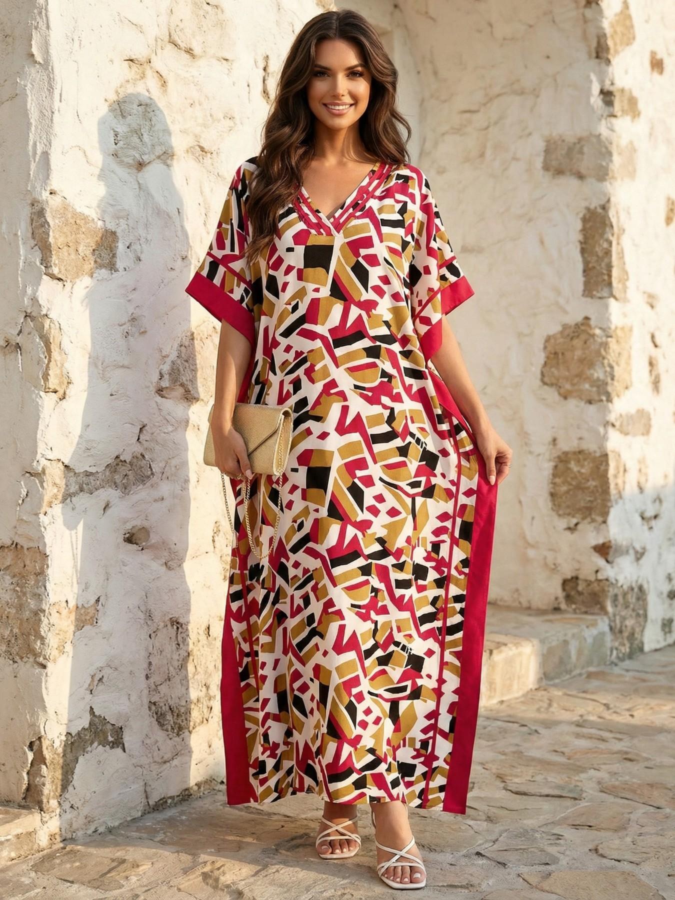 EDOLYNSA Leopard kaftans for woman caftan beach printing Moo Moo Dress casual cover up Bohemian daily wear Soft Homewear vacation party long dress lounge wear Q1615 Womenswear