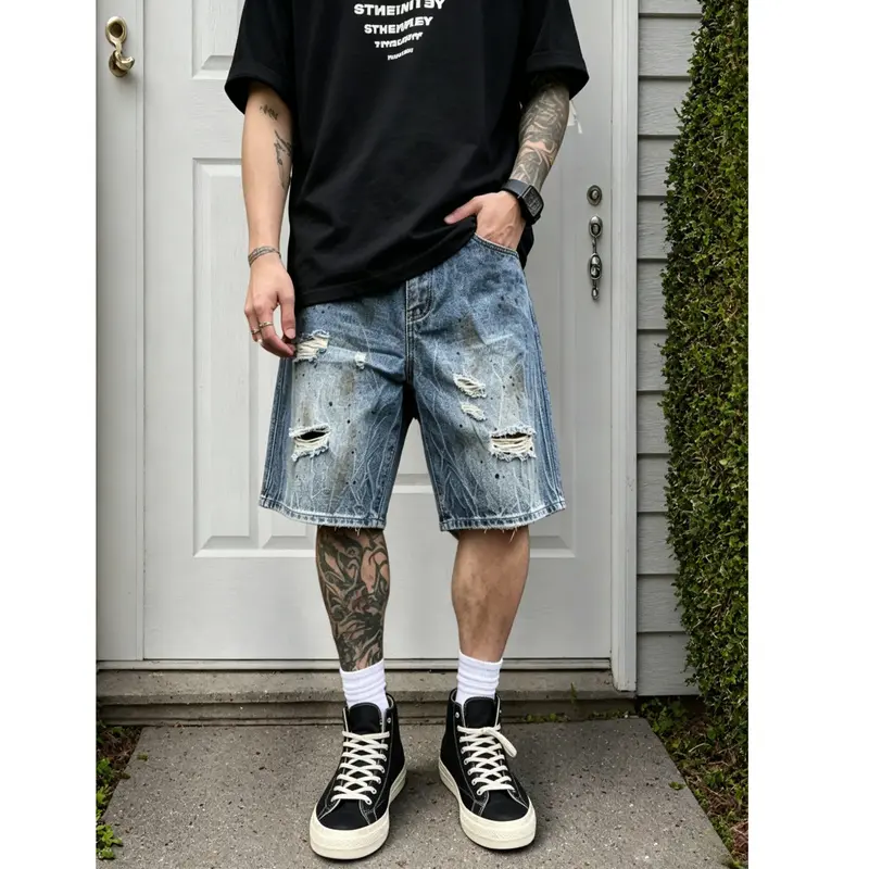 Z363 Men's Loose Mid-Length Jean Shorts - Trendy High Street Style, Distressed, Non-Stretch, Casual Wear, Sports & Outdoor Clothing