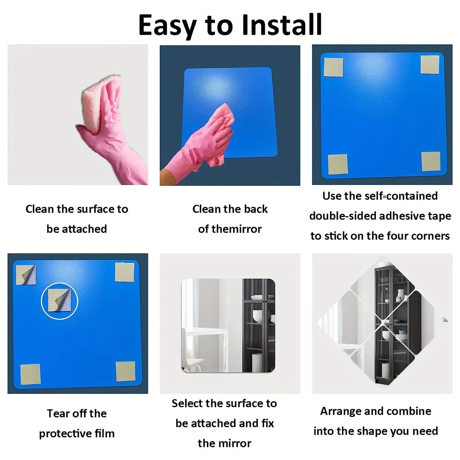 12-Pack 20×20cm Acrylic Mirror Tiles, thick frameless self-adhesive design. Easy to install vertically or horizontally, lightweight and durable. Perfect for living room, bathroom, shower, dressing room and bedroom, modern stylish wall decor.