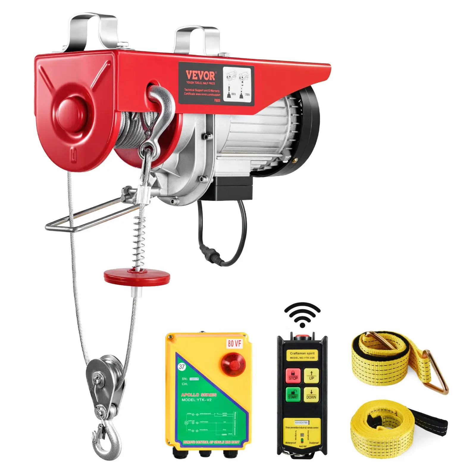 VEVOR 1760lb Electric Hoist, 120V Electric Winch with 328ft Wireless Remote Control, 40ft Single Cable Lifting Height, Single/Double Slings, Emergency Stop for Garage Warehouse Lifting