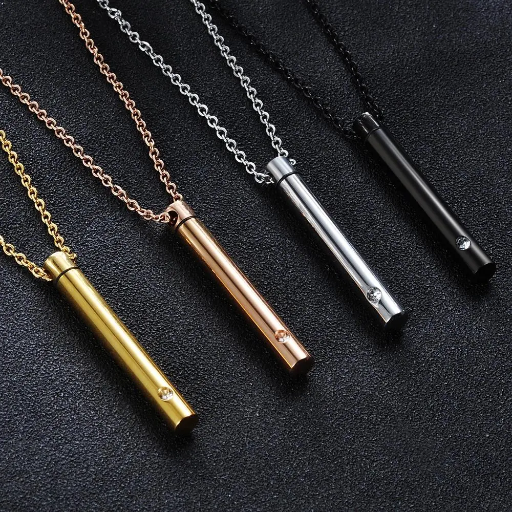 Unisex 4 Tone Stainless Steel Jewelry Cylinder Crystal Memorial Urn Pendant Slide Screw Opens Cremation Necklace Ash Case Holder