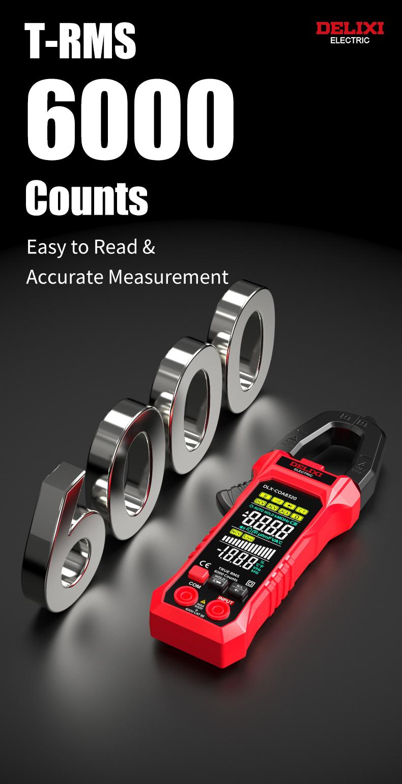 DELIXI Clamp Meter Multimeter 6000 Count Auto Amp Clamp Meter, True-RMS Voltmeter Voltage Tester, Auto Ranging AC/DC Voltage & AC Current, Non-Contact Voltage Testing, Temperature Continuity Resistance Diode Measurement with Storage Bag