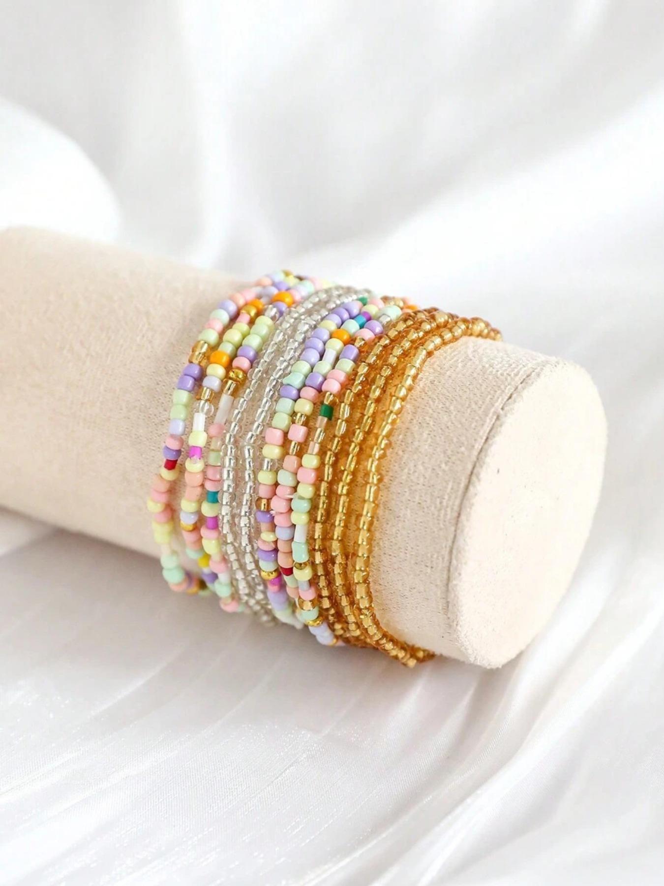 Boho Style Colorful Crystal Glass Beaded Elastic Bracelets Set, Dainty Crystal Bracelet, Fashion Simple Women Party Vacation Layered Stackable Bracelet