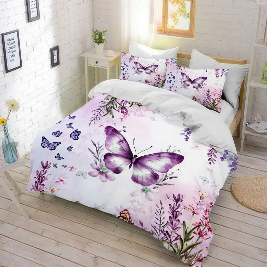 3Pcs Butterfly Floral Duvet Cover - Elegant Purple & Flower Print, Soft Lightweight Microfiber Bedding (1 Cover+2 Pillowcases, Unfilled) for Bedroom Dorm Room Home Decor.