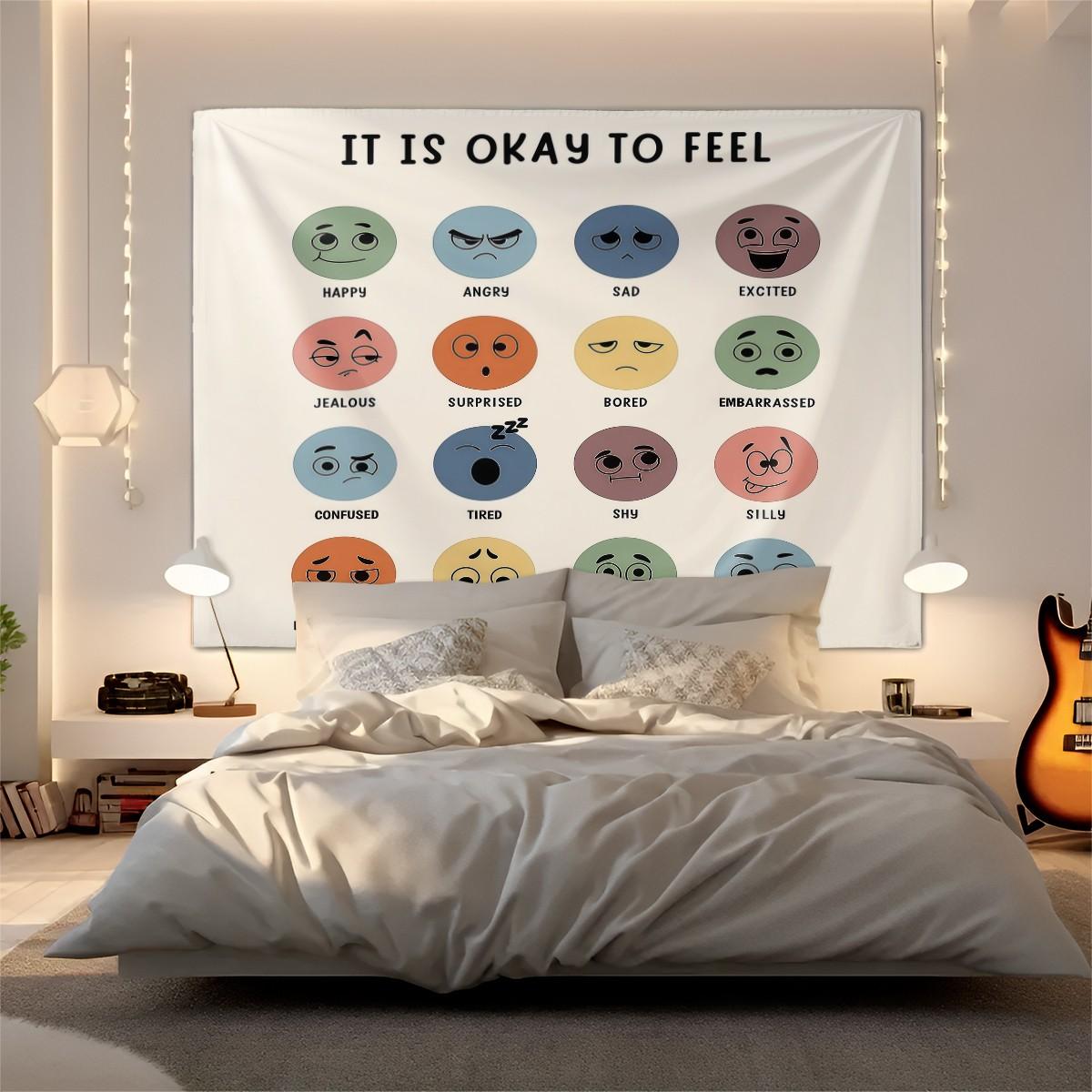 It Is Okay to Feel Emotion Chart Tapestry, Mental Health Awareness Wall Hanging, Colorful Mood Faces Tapestry for Bedroom Living Room Office, Positive Affirmation Wall Decor, Ideal Gift for Teens & Adults