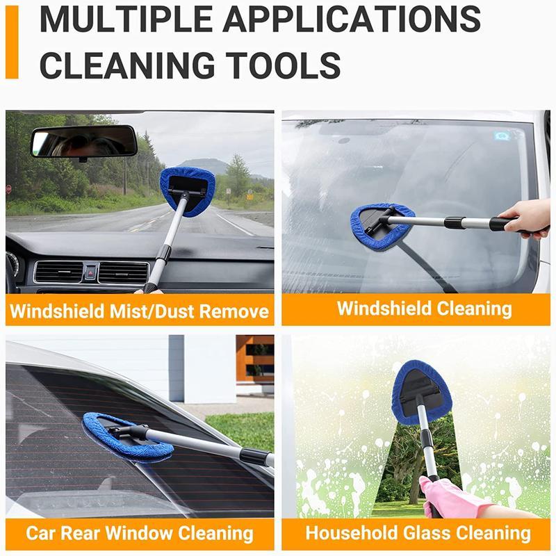 Windshield Cleaner Tool with Extendable Handle,Portable Car Interior Window Cleaning Kit , 3Microfiber Towel Pads, Auto Glass Wiper for Windshield, Trucks, SUVs, RVs, and Home Windows