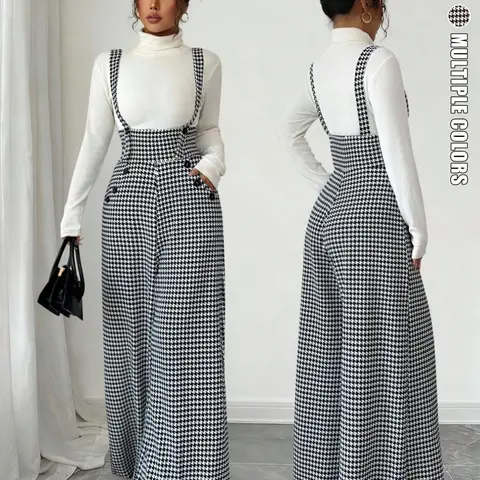 Vintage Houndstooth High-Waisted Wide Leg Pants, Loose-Fitting Ankle-Length Jumpsuit, Button Fly, Practical Pockets, Casual Comfy Jumpsuit, All Seasons Fashion