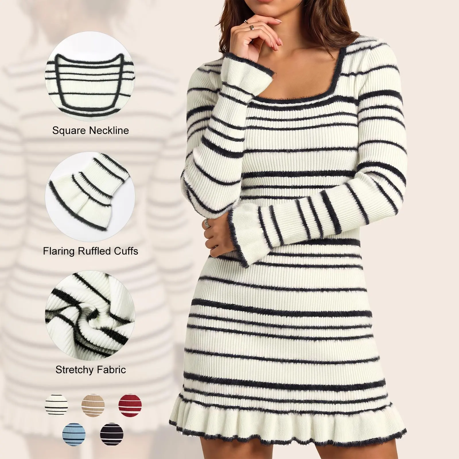 Imily Bela Square Neck Striped Knit Dress Women Long Sleeve Ruffle Cuff Bodycon Mini Sweater Dress