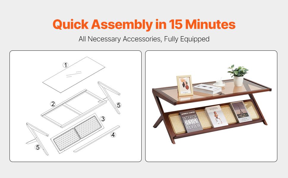 VEVOR Rattan Coffee Table, Z-Shaped Rattan Woven Bamboo Coffee Table with Tempered Glass Top, 47 Modern Boho Storage Coffee Table with Natural Bamboo Legs, for Living Room, Bedroom Small Spaces