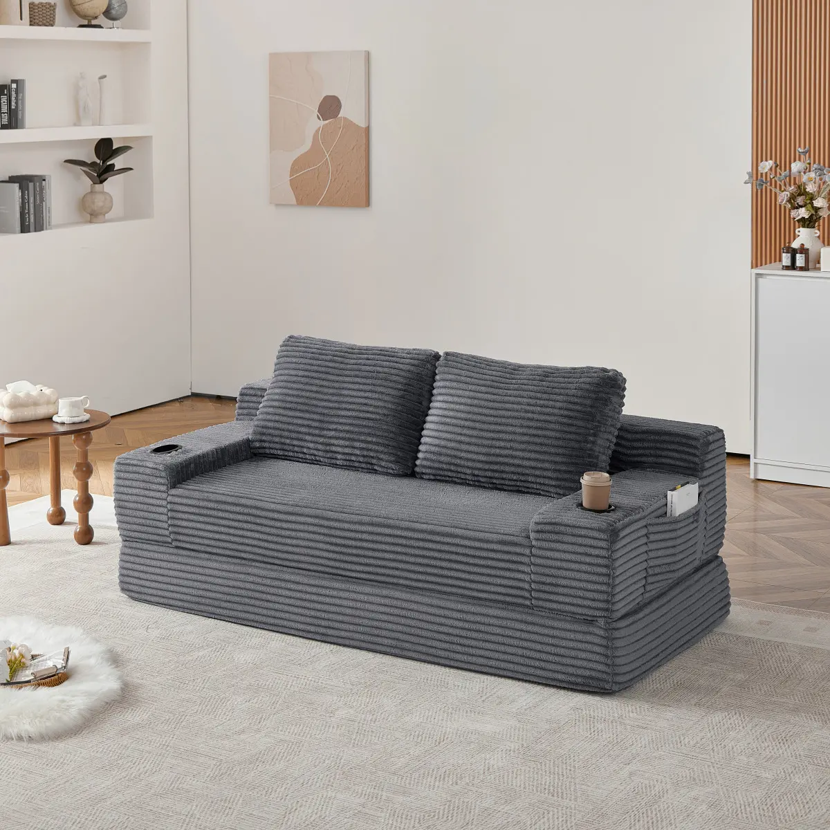 70.8-Inch Corduroy 2-in-1 Convertible Sofa Bed Lounge Chair with 2 Throw Pillows, Cup Holders and Side Storage Pockets for Living Room, Bedroom