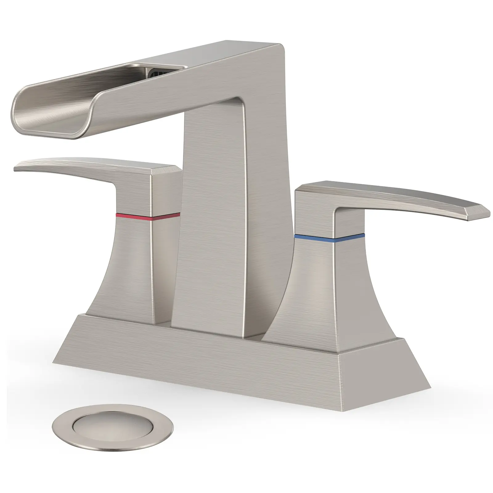 4-Inch Brushed Nickel Waterfall Centerset Bathroom Faucet, 2/3 Hole Mount with Stainless Steel Pop-Up Drain, Leak-Free Mixer Tap for Sink