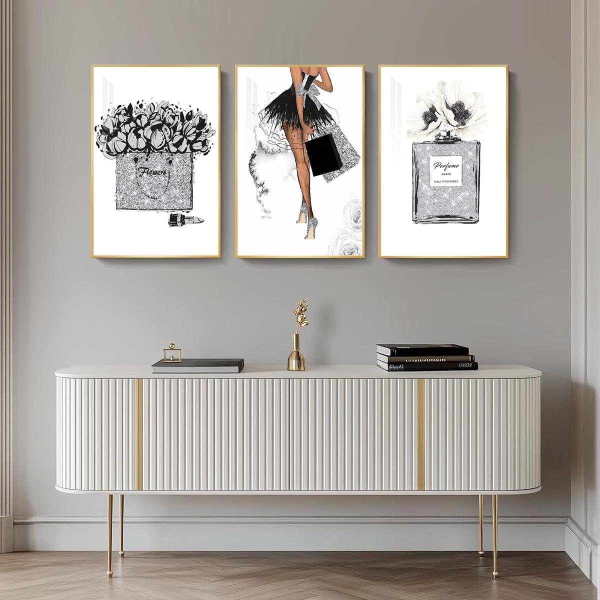 3 Counts Aluminum Alloy Framed Painting, Fashion Girl Perfume And Flower Art Prints, Home Decoration For Living Room, Bedroom, Office, Restaurant, Hallway Wall Decor, Odorless Print Artwork, Luxury Perfect Gift For Friends And Family