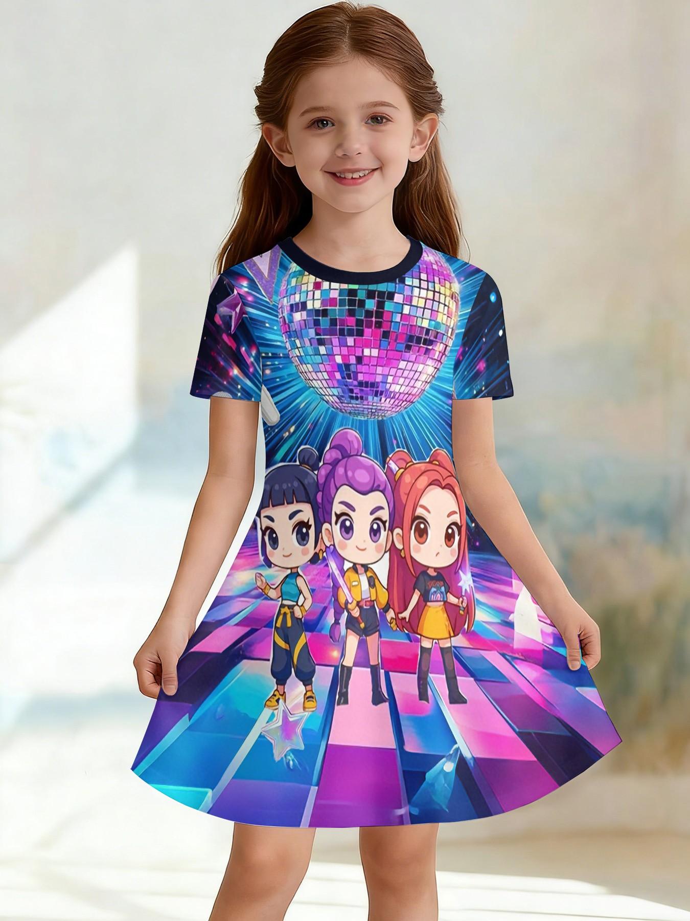 Girls' Witchy Disco Stage Dress, Q Version All-Over Print A-Line Skirt, Fashion Outdoor Wear, Birthday Gift, Festival Gift