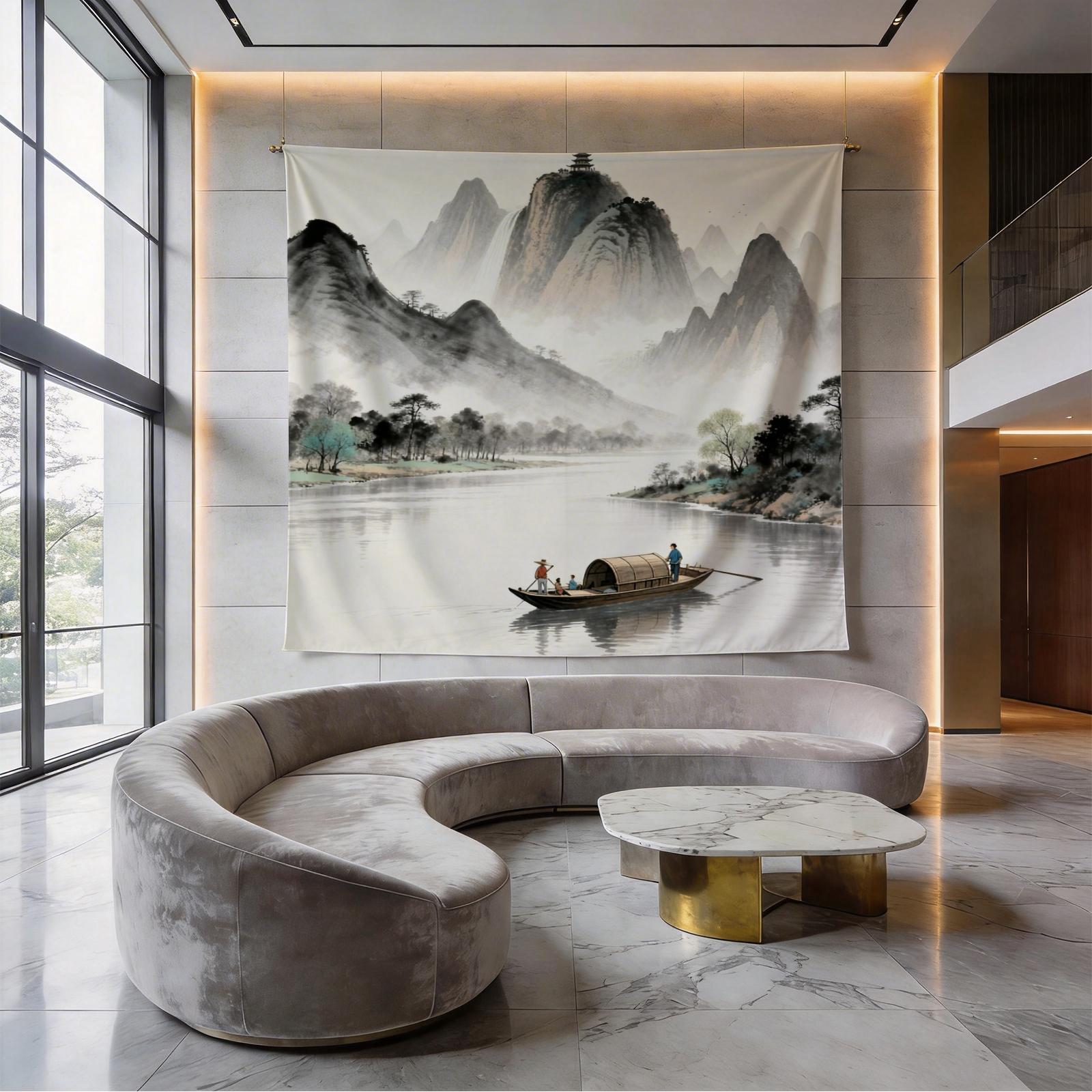 1 Piece Asian Ink Wash Mountain Landscape Printed Tapestry, Ink Wash Style Wall Hanging, HD Digital Print Living Room Bedroom Wall Tapestry, Fadeless Machine Washable Wall Decor, Multi-Purpose All-Season Tapestry for Living Room Bedroom