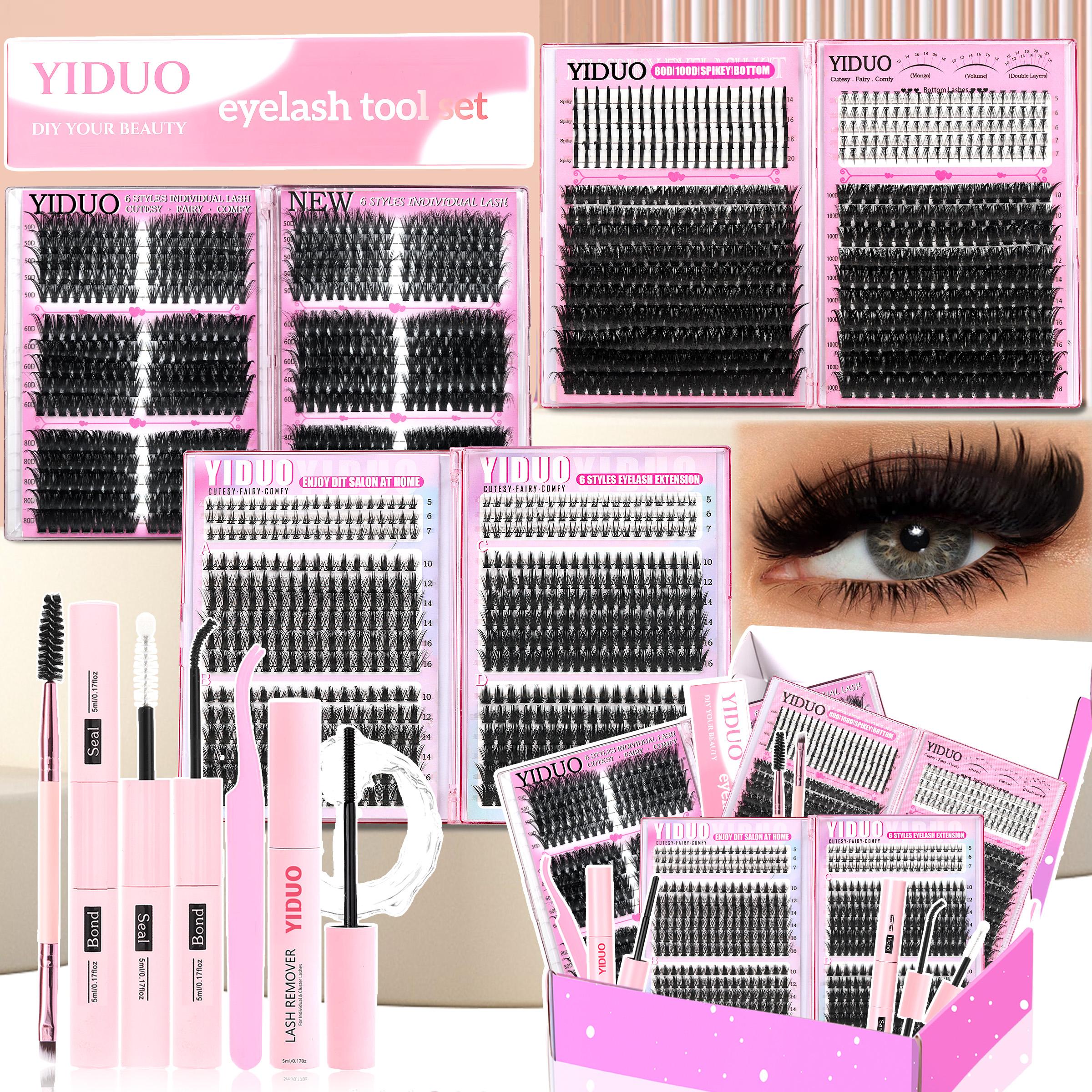 YIDUO 13 Styles Fluffy Eyelash Clusters Lashes Kit 50D\60D\80D \100D\Fairy-A-B\BottomA-B\Volume+Bottom\Volume+Spike Lashes Clusters Kit 5-20mm Cluster Eyelash Extension Kit 1614 Pcs D-Curl With Lash Bond and Seal, Lash Remover, Lash Tweezers