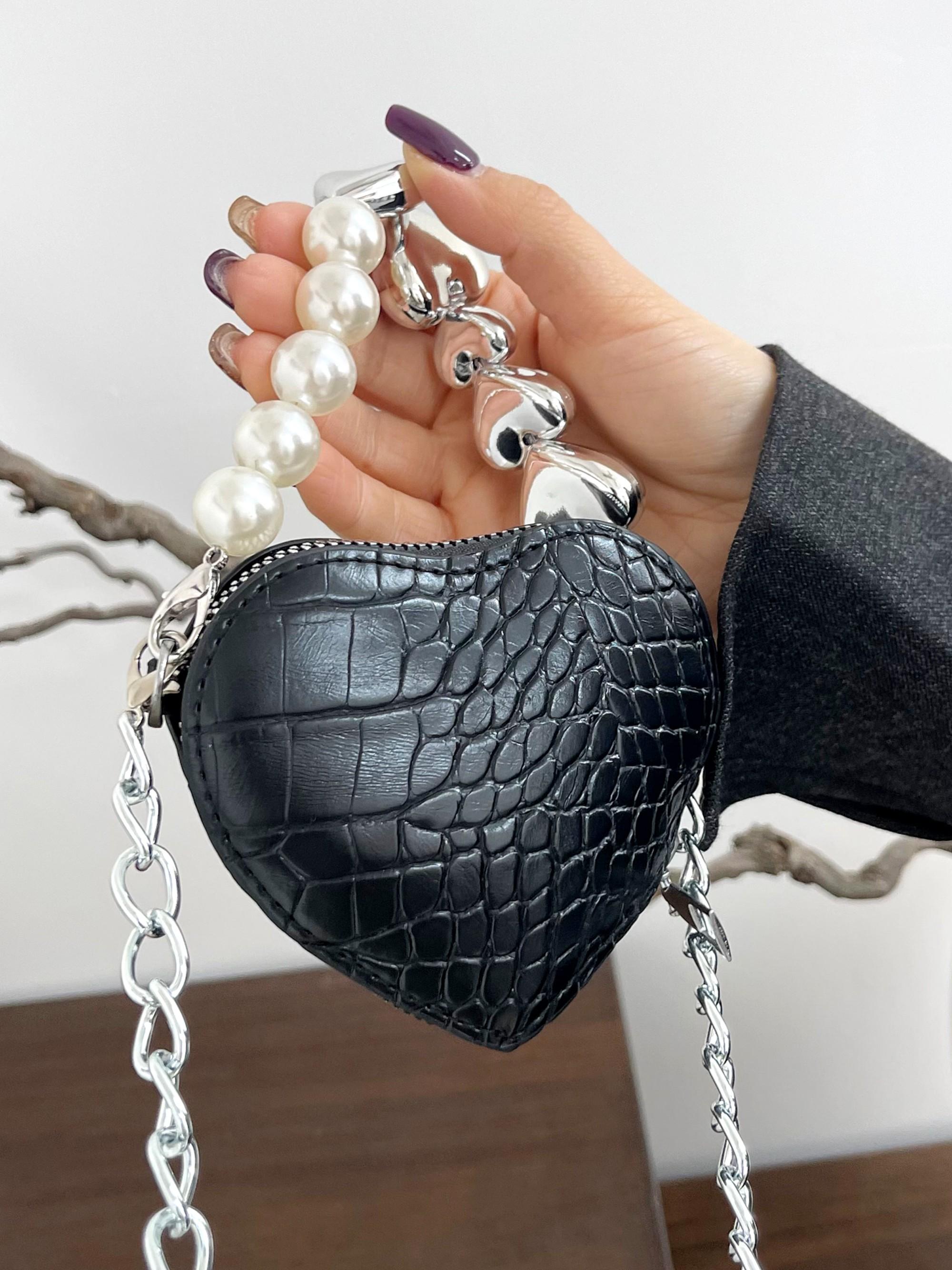 Vintage Mini Crossbody Bag, Crocodile Pattern Pearl Chain Purse, Heart Shape Fashion Coin Wallet, All Seasons Solid Design