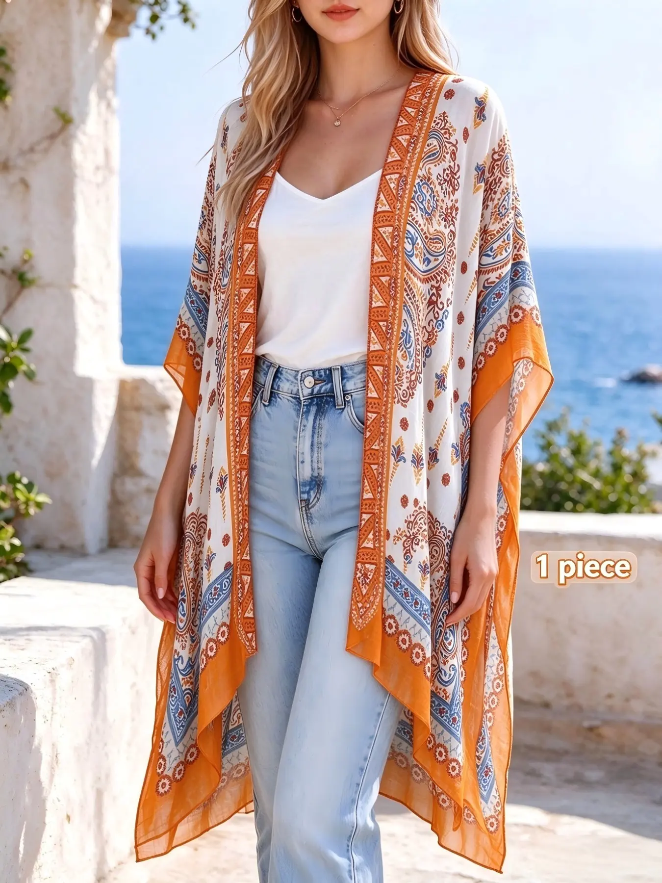 Women's Ethnic Pattern Kimono, Boho Casual Open Front Cover Up for Beach Vacation, Ladies Spring & Fall Clothes, Beach Cover Ups