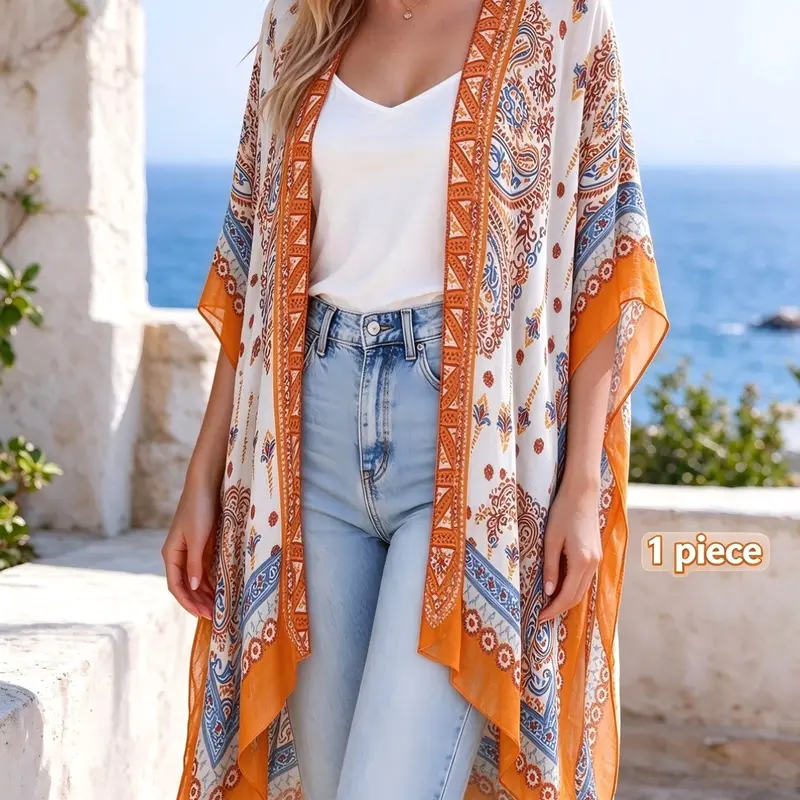 Women's Ethnic Pattern Kimono, Boho Casual Open Front Cover Up for Beach Vacation, Ladies Spring & Fall Clothes, Beach Cover Ups
