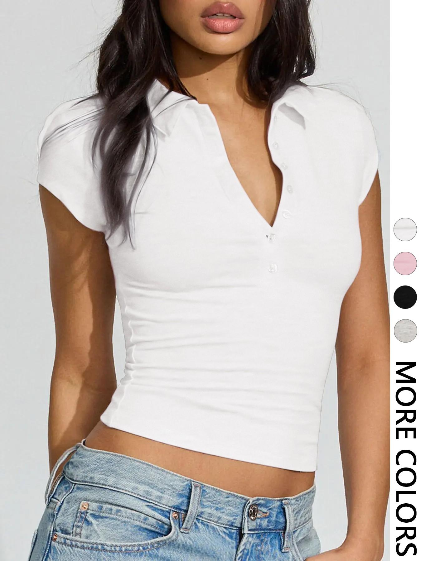 Women's Fashionable Solid Color Comfortable Slim-Fit Button Short Sleeve Polo Shirt Tops, Stylish Casual Wear for Women, Perfect for Any Occasion