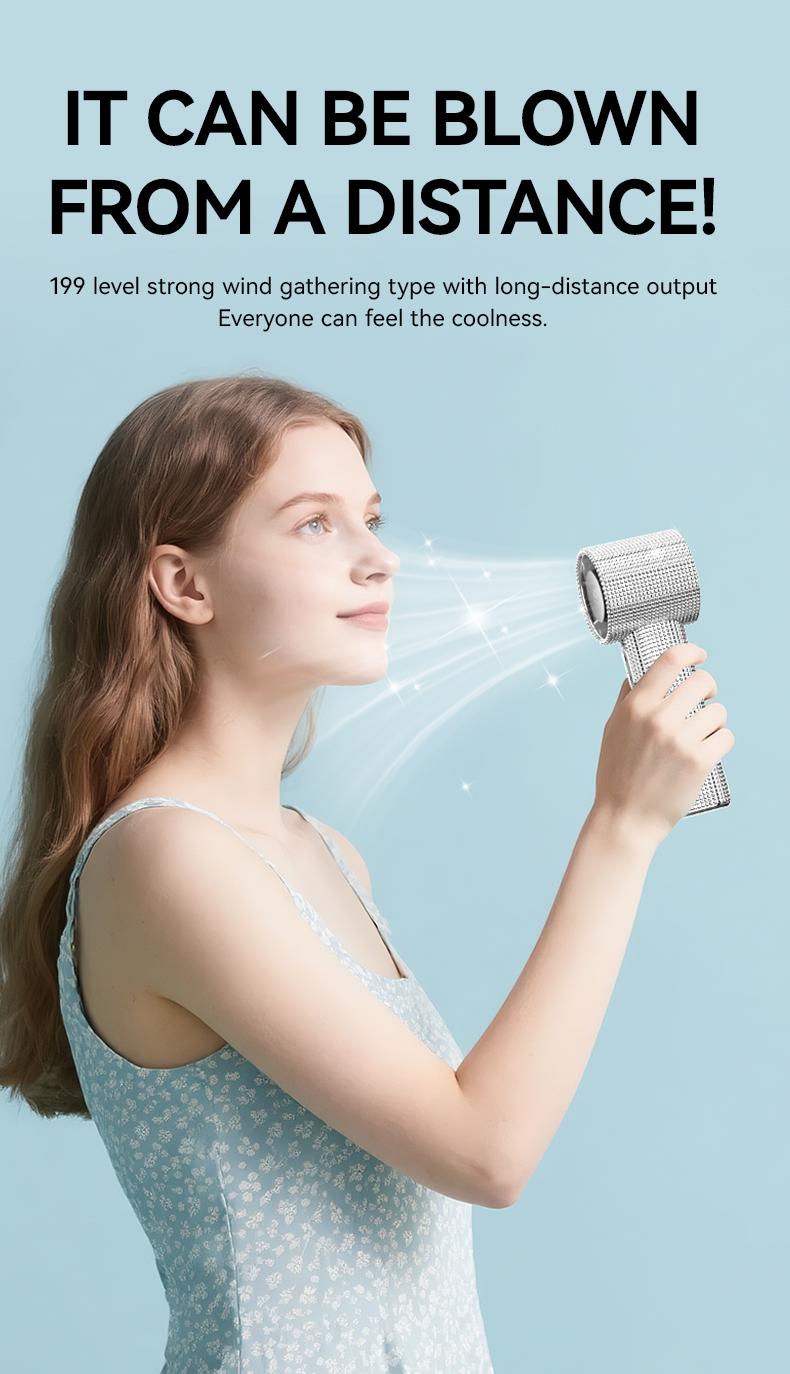 MGALL S5 Full Diamond Luxury Craftsmanship Portable Handheld Turbo Fan, 3 Gear Wind, Rechargeable Long  Battery Life Hand Fan With Digital Display For Outdoor Activities, Travel, Office,Wonmen's gift