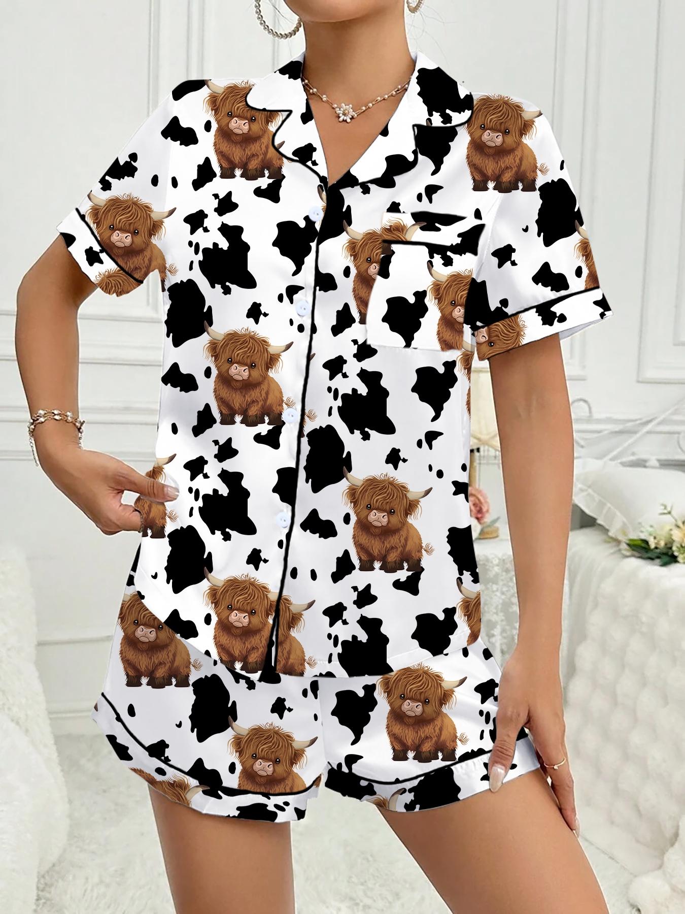 Valentine's Day Women's Sleepwear Pajama Loungewear Set, Comfortable Cute Elastic Highland Cow Milk Cow Pattern Shirt and Pants Two-Piece Suit
