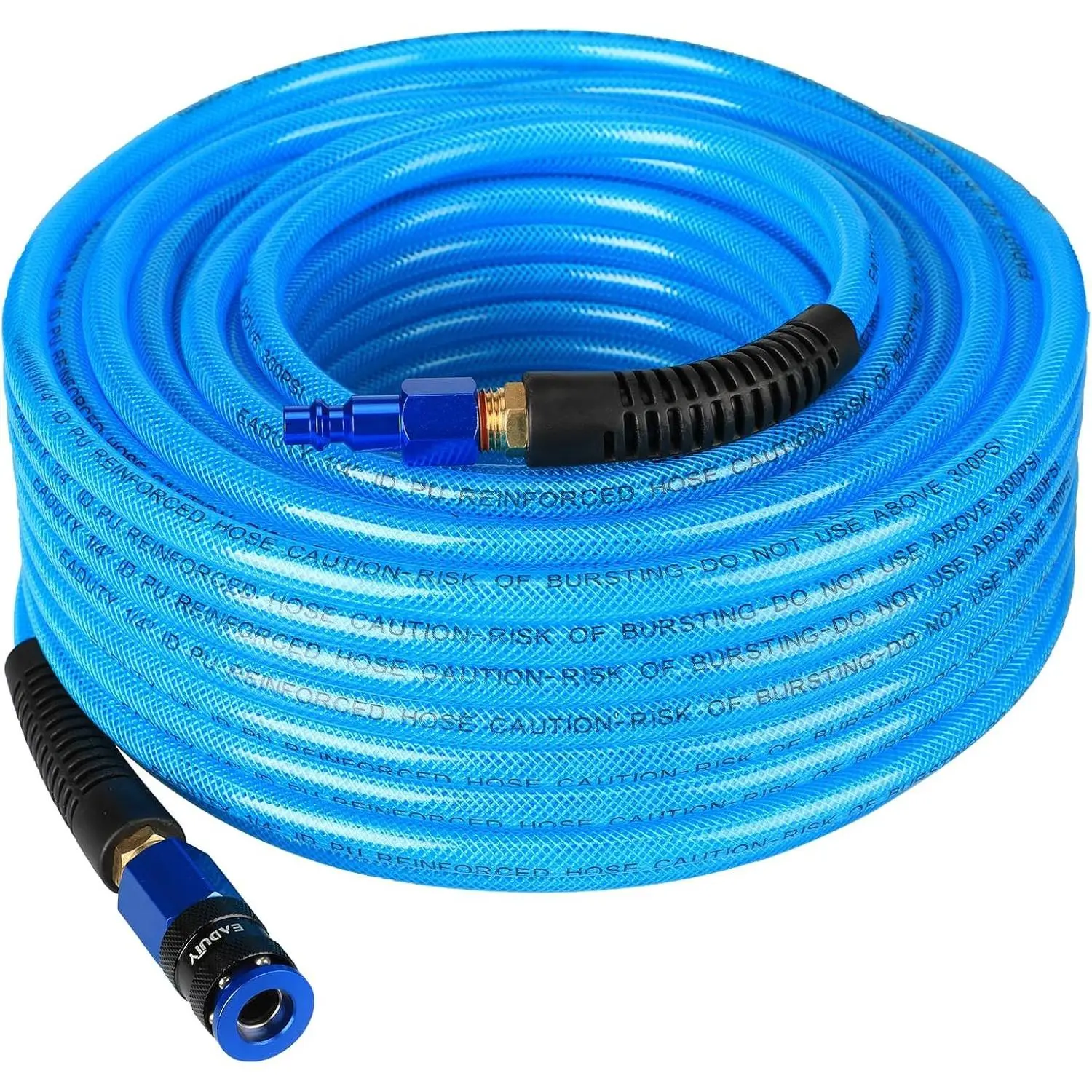 Heavy Duty Reinforced Polyurethane  Air Hose 1/4 in x 10 ft, Lightweight, Flexible Compressor Hose with  Quick Coupler, Plug and Bend Restrictors, Blue