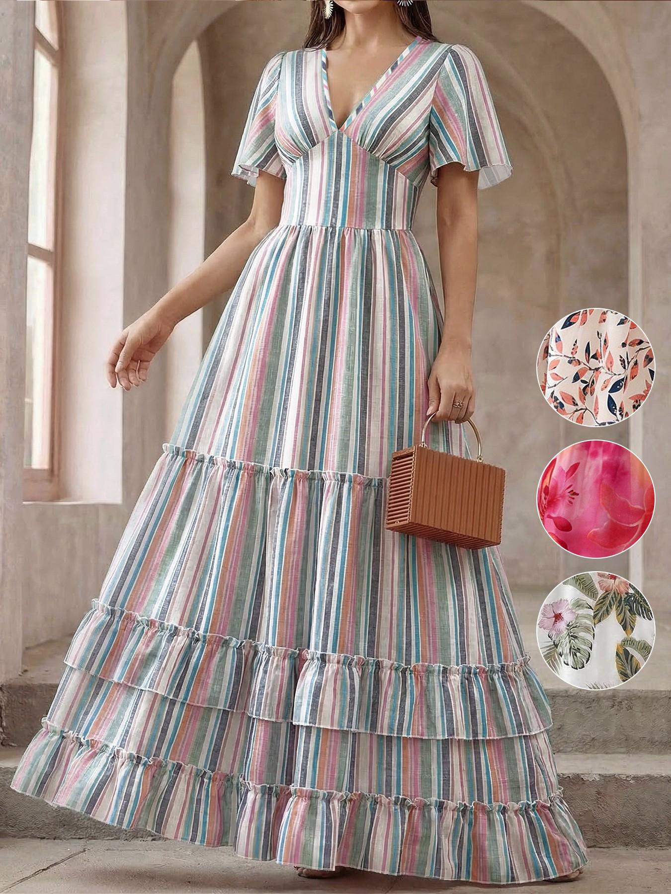 Summer Striped Dress, Layered Cake Dress, V Neck Long Dress, Bell Sleeve, a Line, Ruffle, Elegant, Casual, Retro, Vacation, Commute, Travel