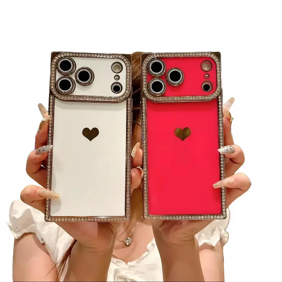 Women's Protective Square TPU Smartphone Case - Heart-Shaped Rhinestone-Encrusted, Shockproof, Custom Multi-Model Cover with Lens & Screen Protectors for iPhone 18Pro Max,17/16,15 Pro Max,14,13,12 (Cellphone Accessories)