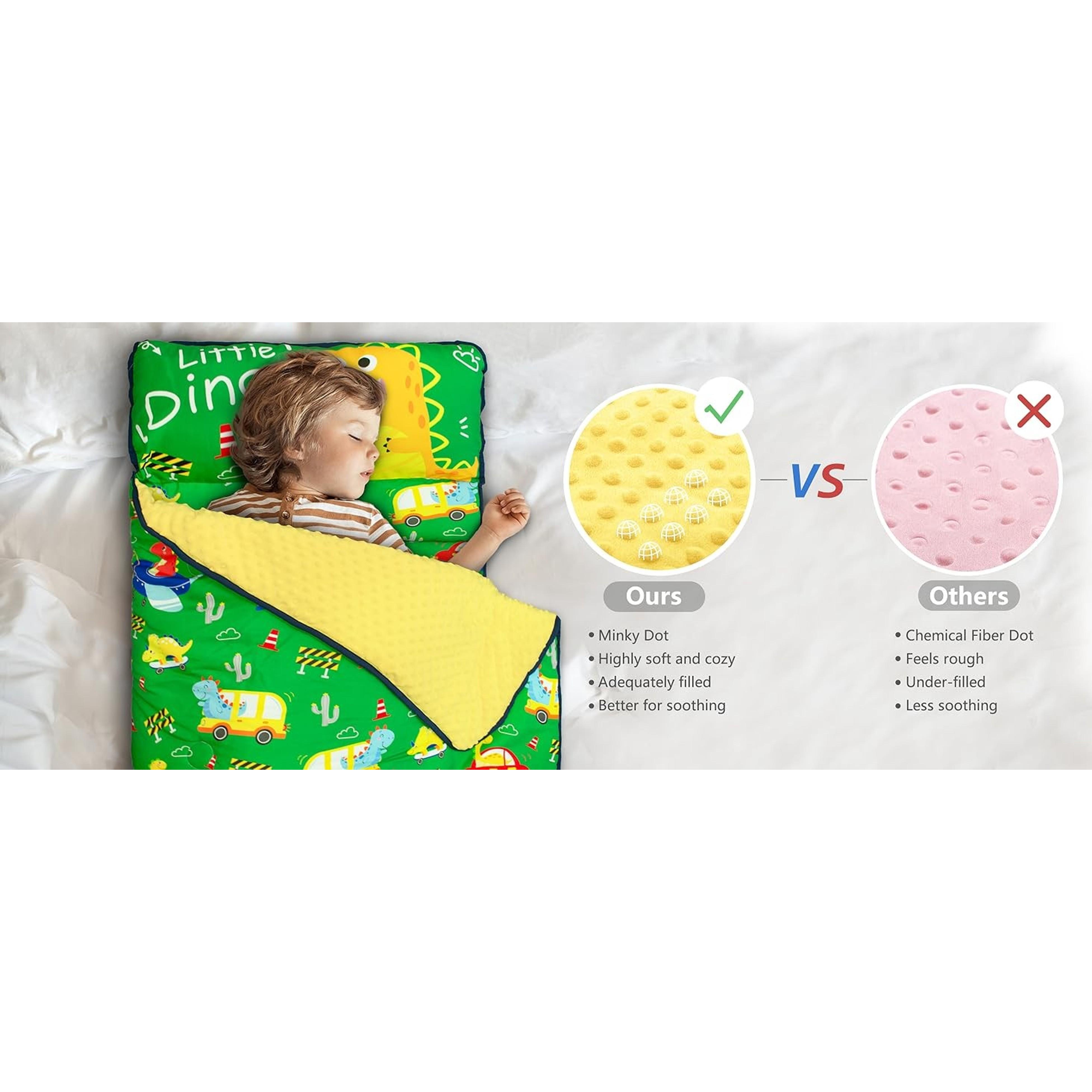 Thickened Toddler Nap Mat with Removable Pillow and Minky Blanket, Extra Large 55''x35'' Sleeping Bag, Washable, Roll up, Perfect for Daycare, Preschool, Kindergarten, Boys and Girls