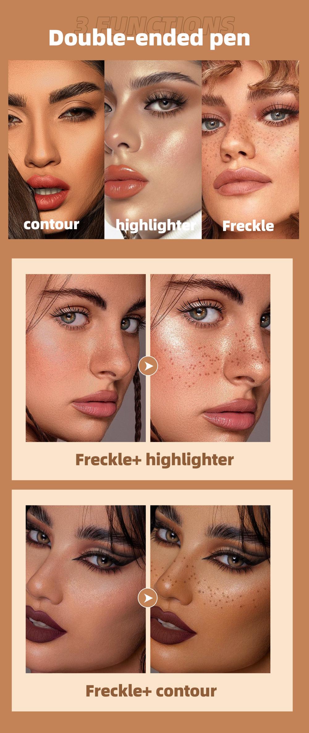 2-in-1 freckle pen, waterproof, sweatproof, long-lasting, shimmering highlighter makeup, double-headed freckle pen