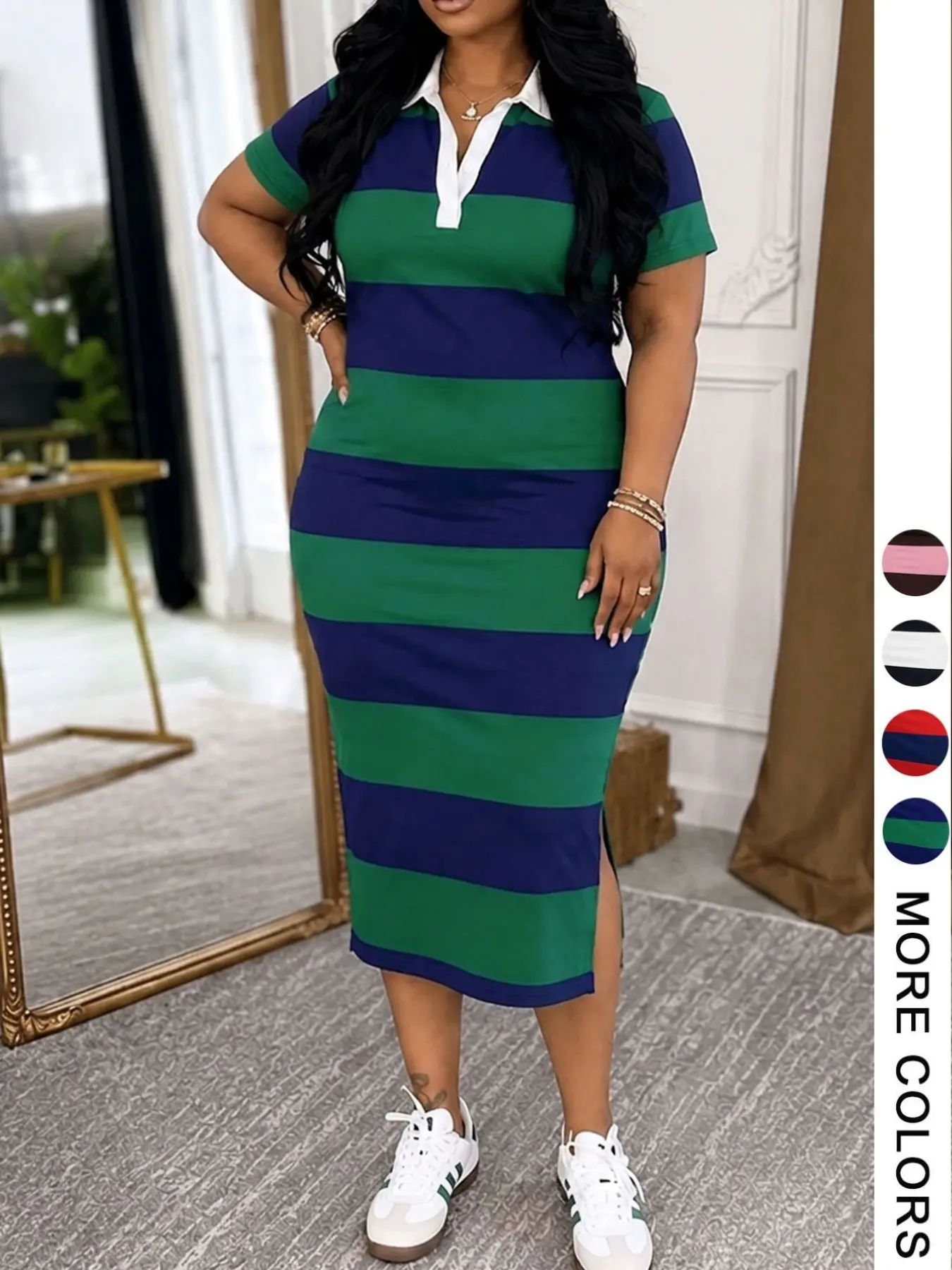 Plus Size Women's Striped Polo Neck Bodycon Dress, Casual Slim-Fit Short Sleeve Side Slit Midi Dress for Daily Wear