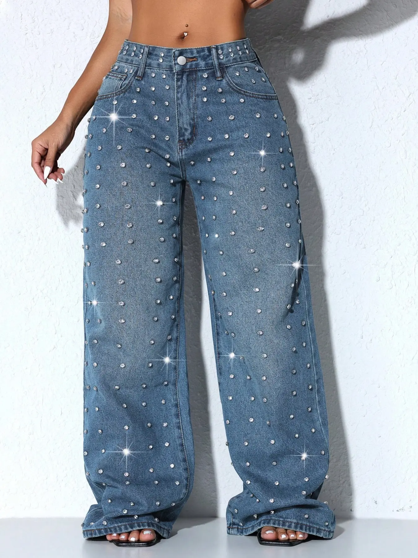 Women's High Waist Wide Leg Baggy Jeans with Rhinestone Decoration, Casual Loose-Fitting Full-Length Pants for Parties and Nightclubs