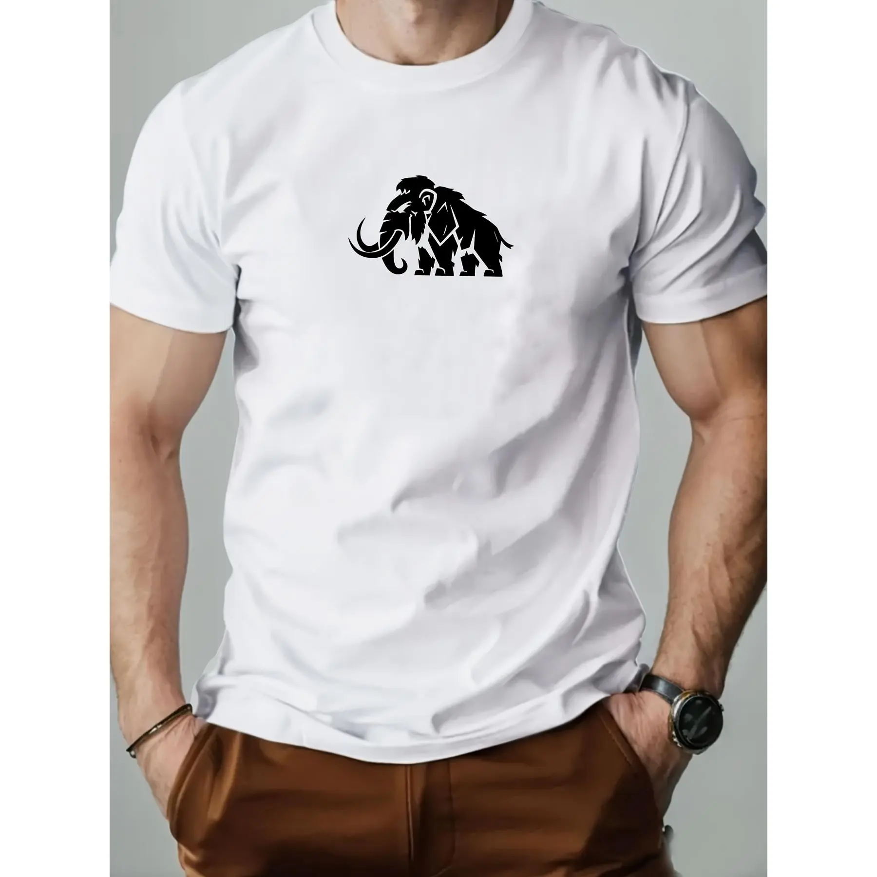 Men Cotton T‑Shirt Chest Mammoth Silhouette Print, Minimalist Niche White Casual Short Sleeve Tee,funny graphic tee,summer graphic tees,tee