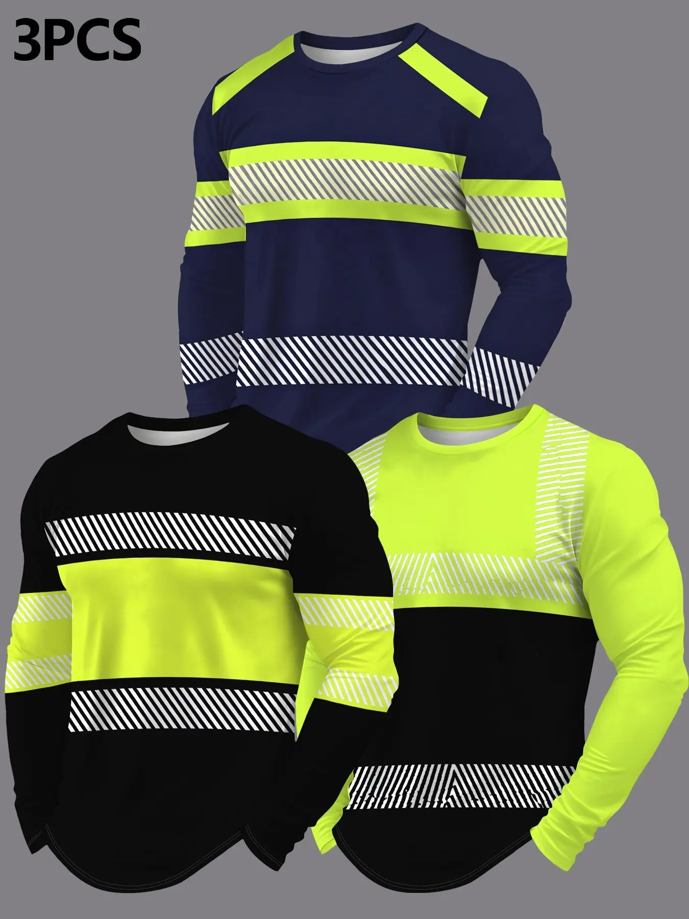 3-Pack Men's Colorblock Long Sleeve Workwear, Round Neck Slim Fit, Breathable Fabric, Ideal for Construction, Outdoor Jobs, Multiple Colors