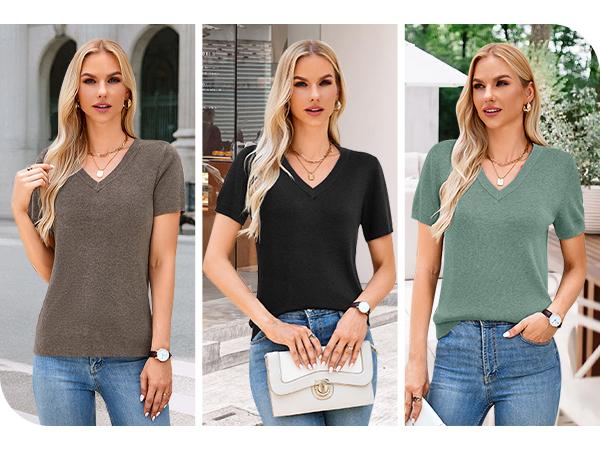 Arach&Cloz 2026 Womens Wool Blend Sweater Soft V Neck Short Sleeve Spring Fashion Pullover Tops Business Casual Outfits