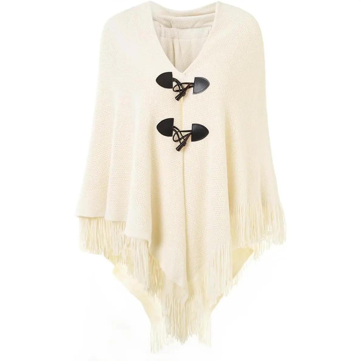 Women’s Modern Synthetic Loose-Fitting Poncho Cape Shawl - V Neckline, Toggle Buttons, V Hem, Fringe Hem for Casual Outings