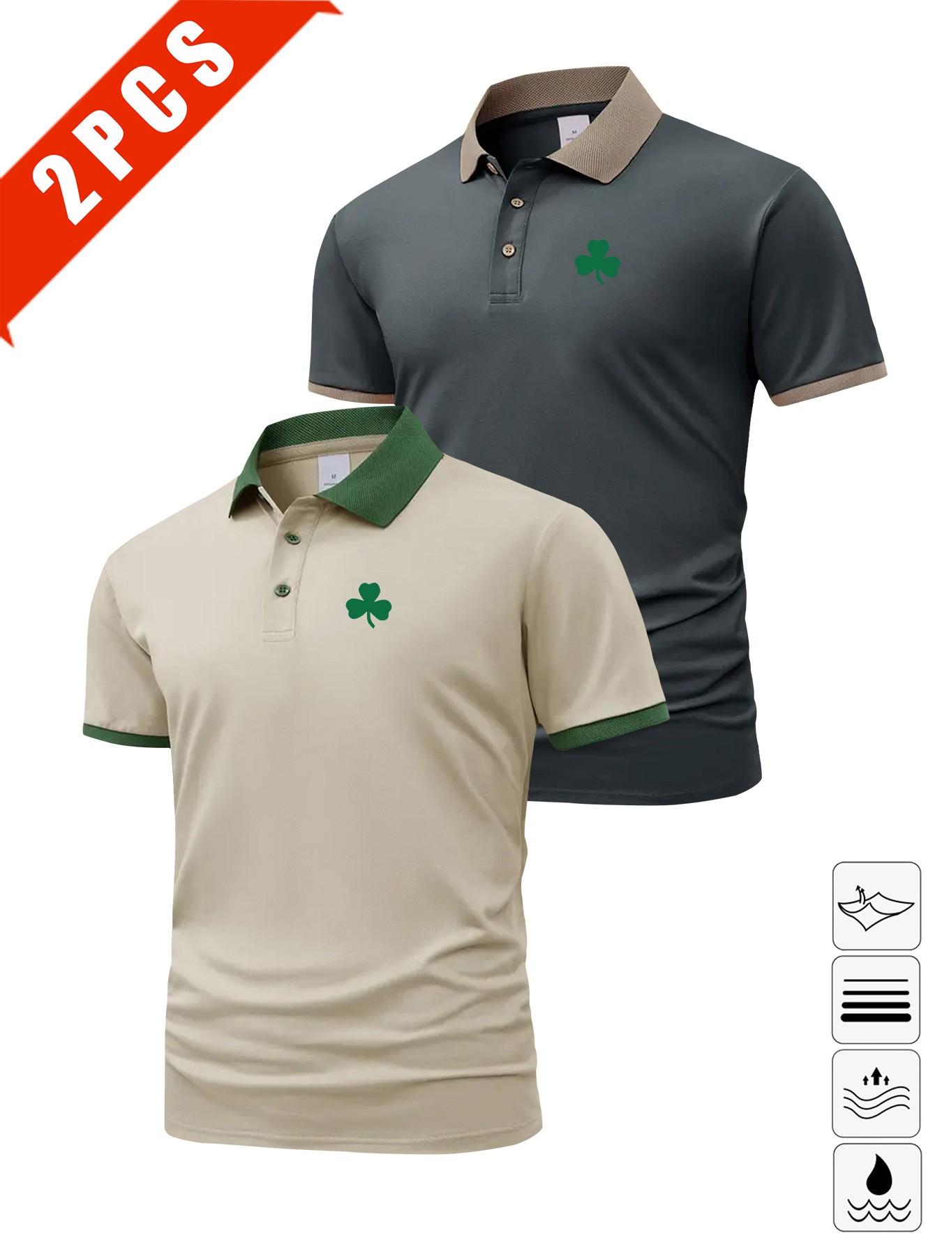 Men's Summer Clover Print Polo Shirts, Breathable Casual Golf Wear, Slim Fit Multi-Color Sportswear, Perfect Gift for Husband or Boyfriend