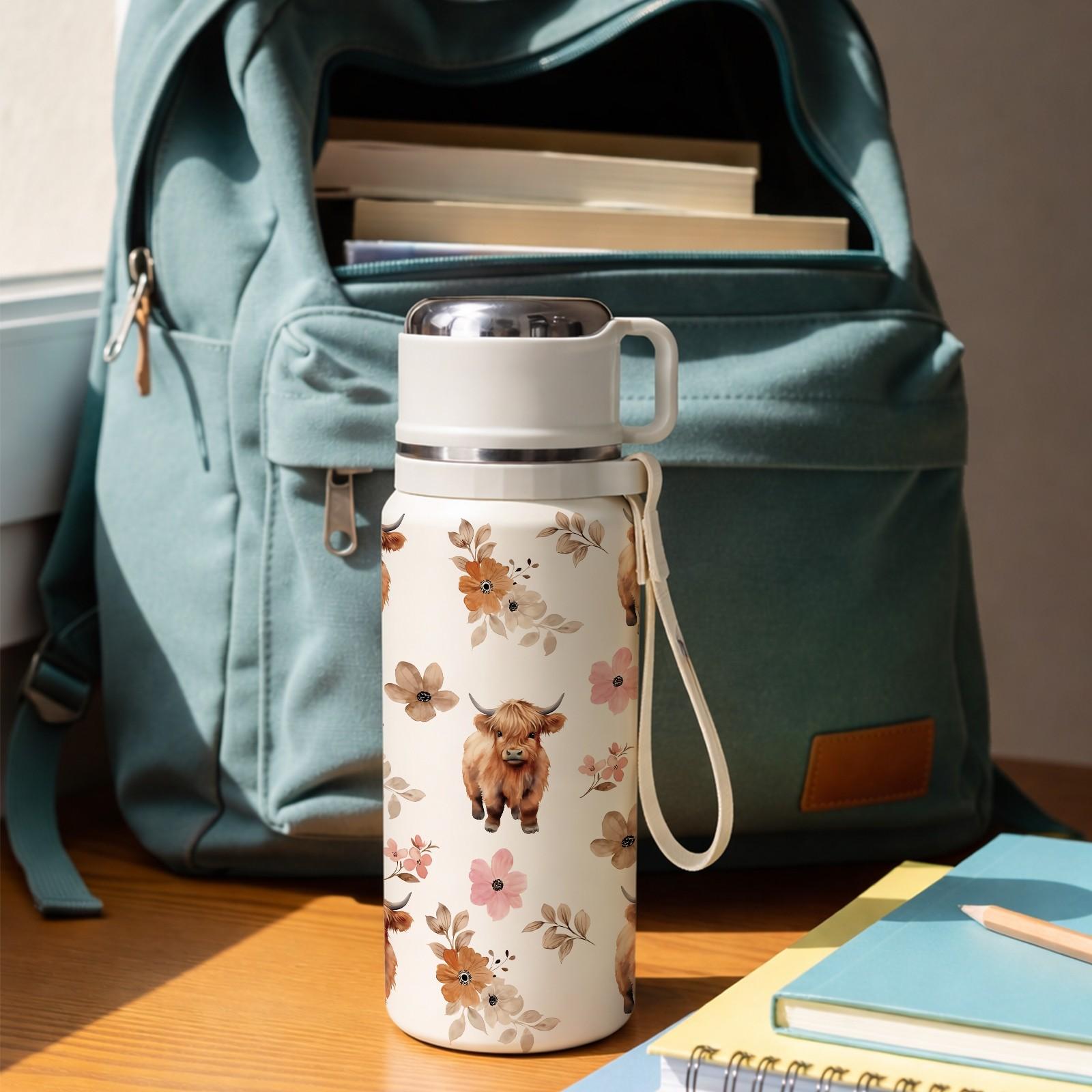 600ml Highland Cow Floral Insulated Water Bottle, 316 Stainless Steel Thermos with Handle & Strap, 48H Hot 24H Cold Leakproof Flask for Coffee Tea, Reusable Travel Tumbler for Outdoor Camping Hiking, Cute Aesthetic Gift for Women Girls