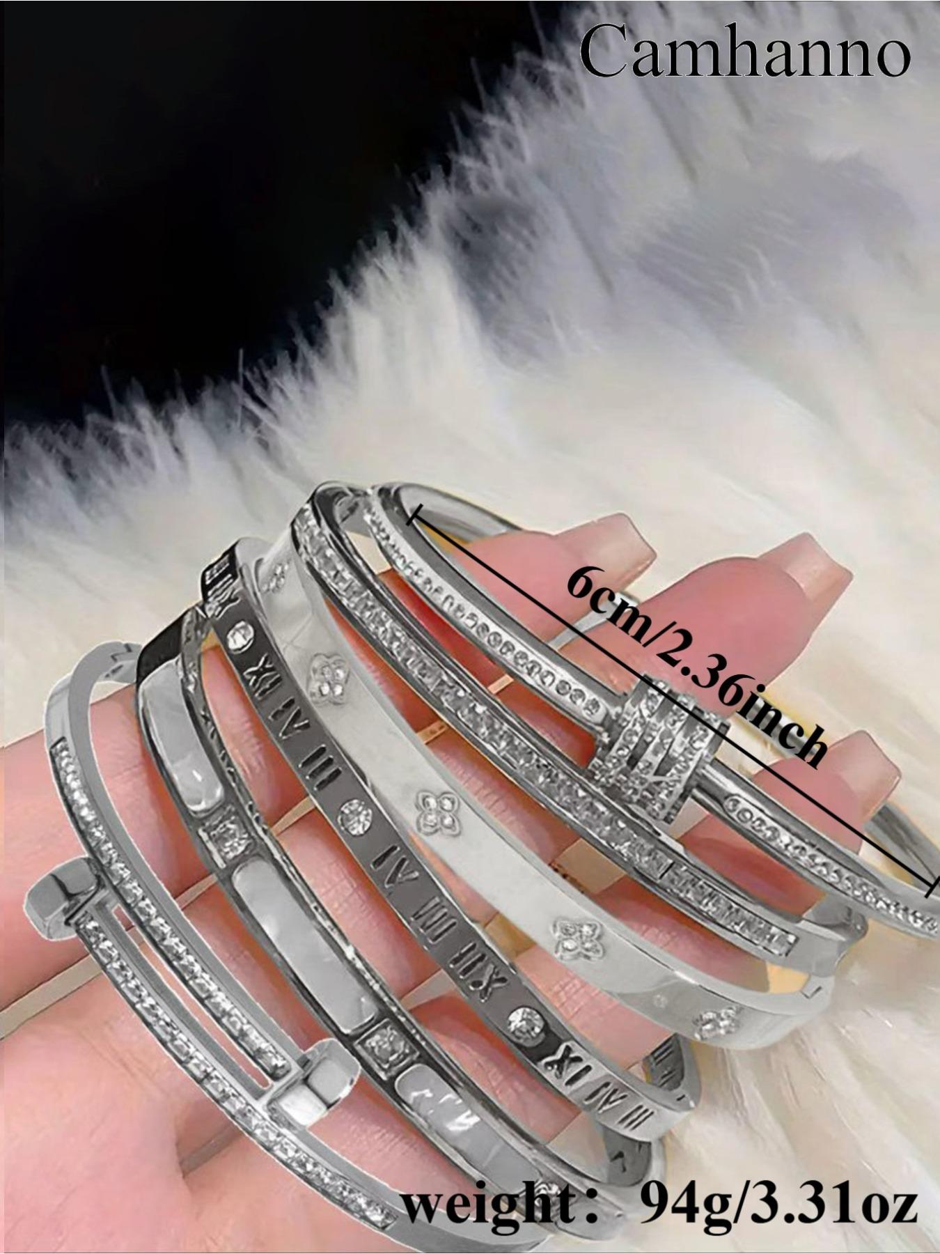 6-piece classic French luxury bracelet set, made of 304 stainless steel material, a fashionable daily item, suitable for daily wear, perfect for gifting during holidays, and a perfect gift, Rhinestone Decorated Bangle, Trendy Stack Bangle