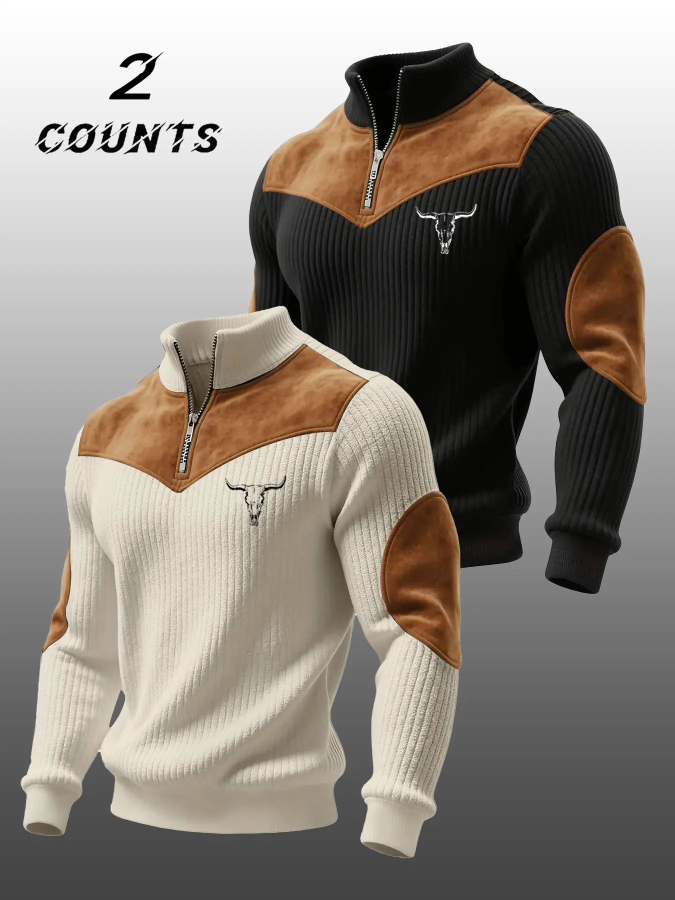 【Black Friday】Men's 2-Piece Stand Collar Pullover Set, Fall & Winter Warm Half-Zip Cow Head Pattern Patchwork Ribbed Vintage Streetwear Sweatshirt Streetwear Casual Style