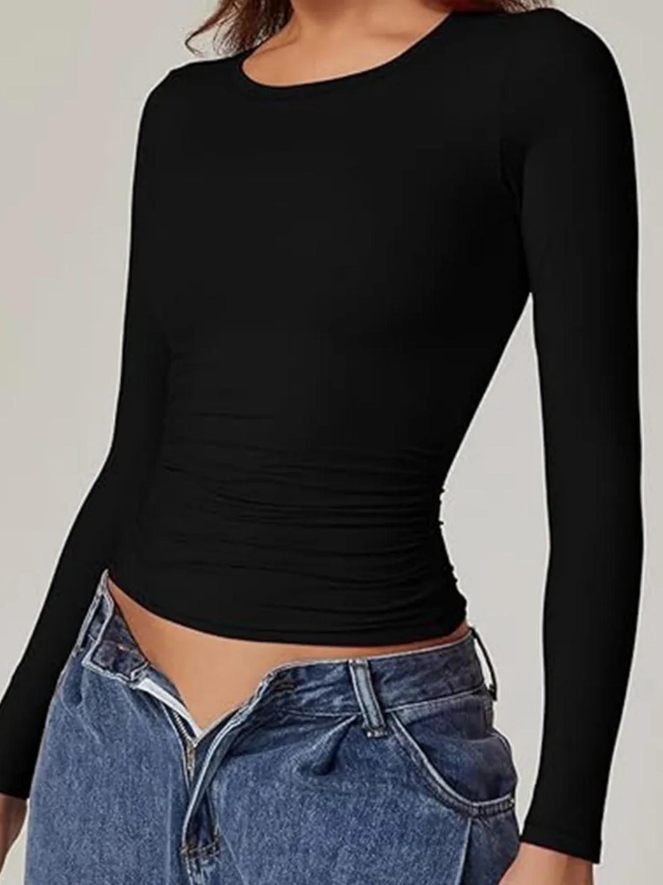 3 Counts Elegant & Versatile Women Plain Crew Neck Long Sleeve Ruched Fitted Slim Fit Loungewear Shirt,Warm Trendy Basic Tops,Breathable Soft Underwear,Cute Womenswear,High Elasticity Shapewear Tee,Suitable For All Seasons