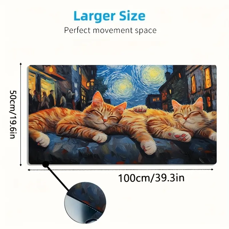 1 large-sized esports gaming mouse pad, featuring an illustrated style with two cats in a street scene at night, non-slip, washable, with a rubber base, large desk mat, office desk accessory, computer decoration, desktop decoration, dirt-resistant gaming