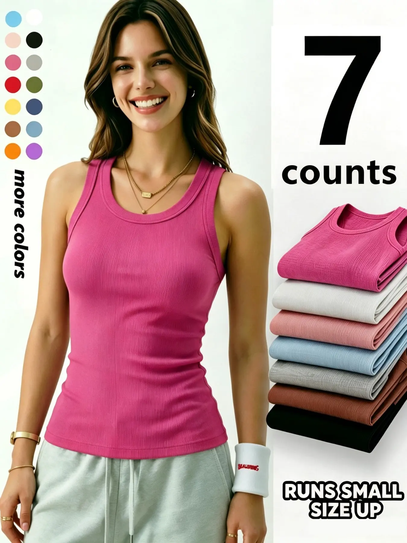 Women's Ribbed Vest 7-Piece Set, Round Neck Sleeveless Top, Soft Stretch Breathable Tank Top, Sporty Casual Style, All-Season Multicolor, Layering Friendly