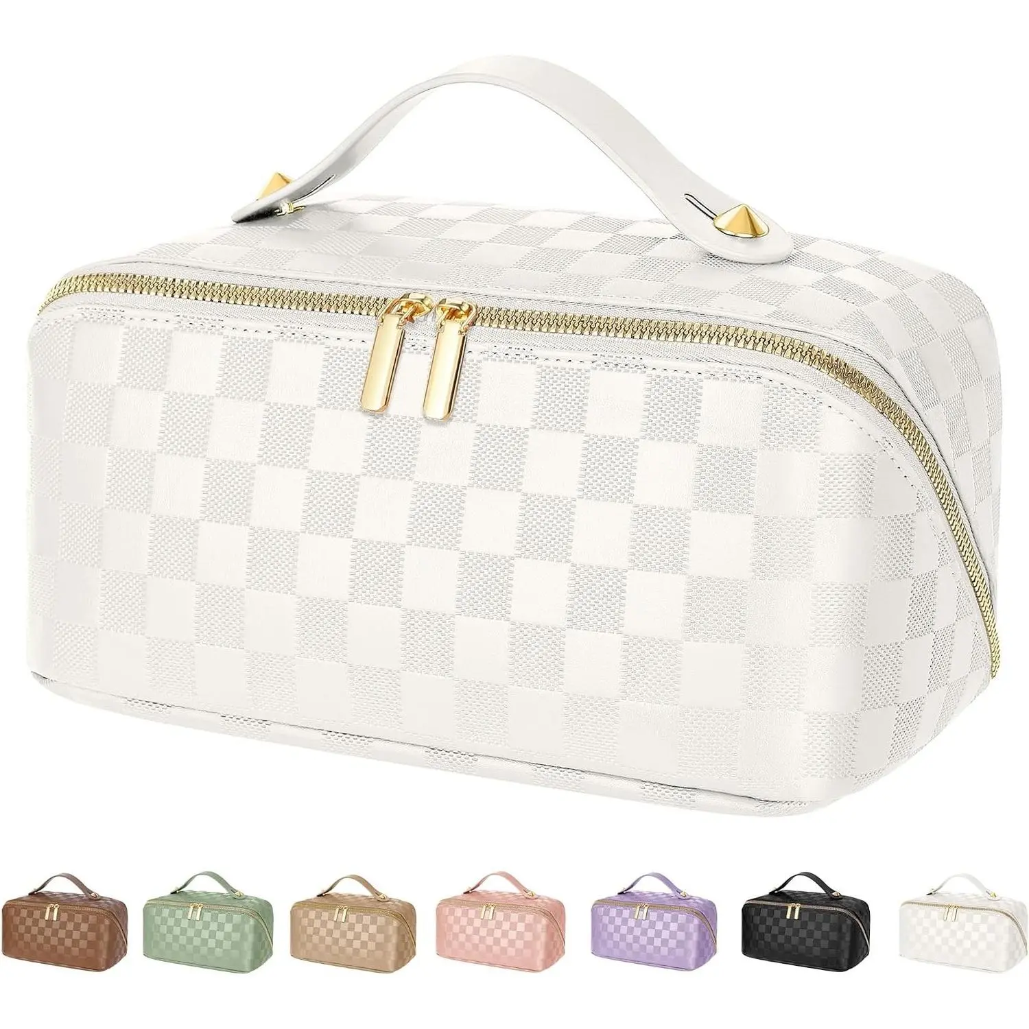 Large Capacity Travel Makeup Bag for Women, Open Flat Cosmetic Organizer, Waterproof PU Leather Checkered Toiletry Bag with Collapsible Handle, WhiteGift