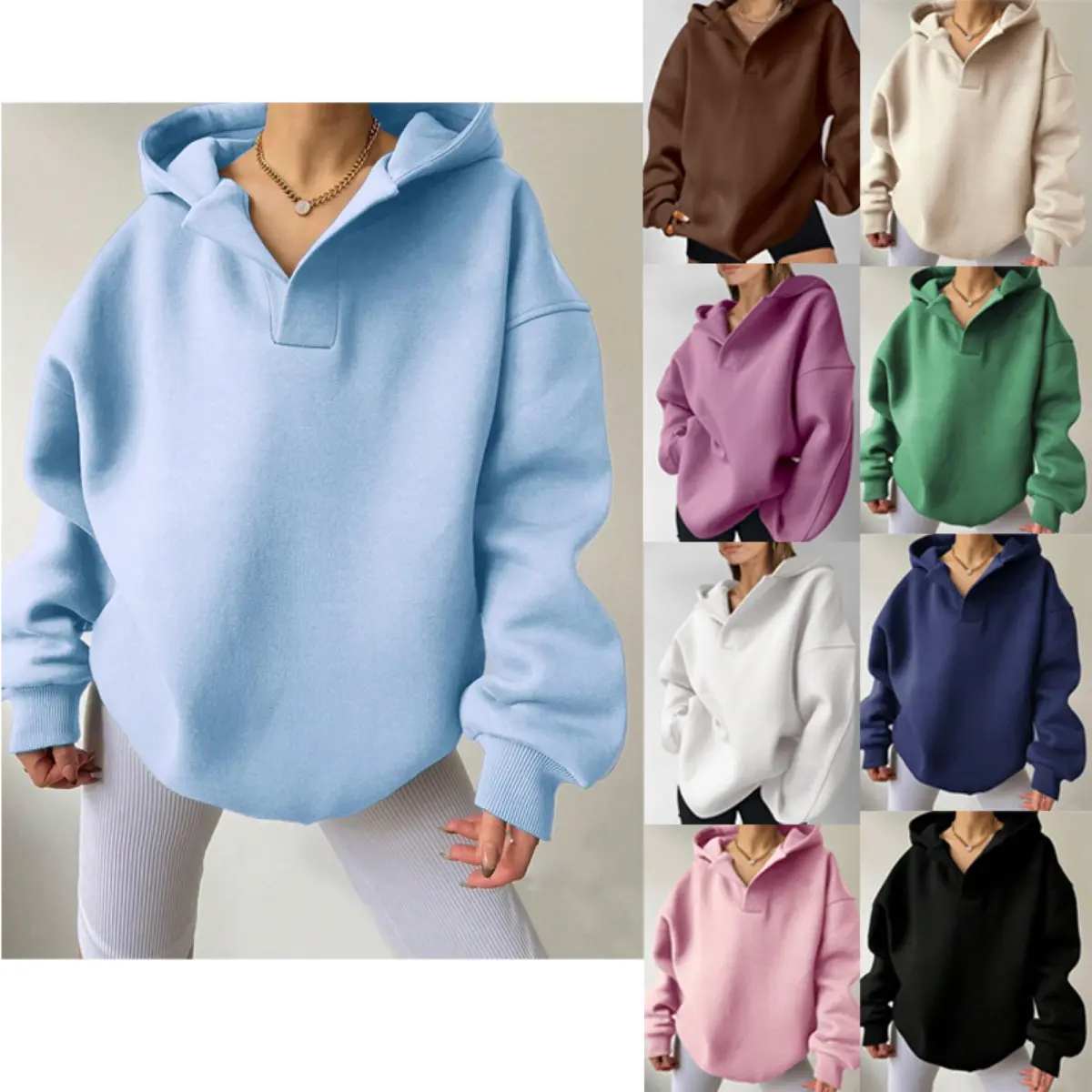 Women's Oversized V Neck Hoodies Solid Color Drop Shoulder Loose Pullover Sweatshirts Split Neck Casual Hooded Tops Slouchy Jumper Everyday Loungewear Comfortable Basic Activewear Fall Winter Clothes