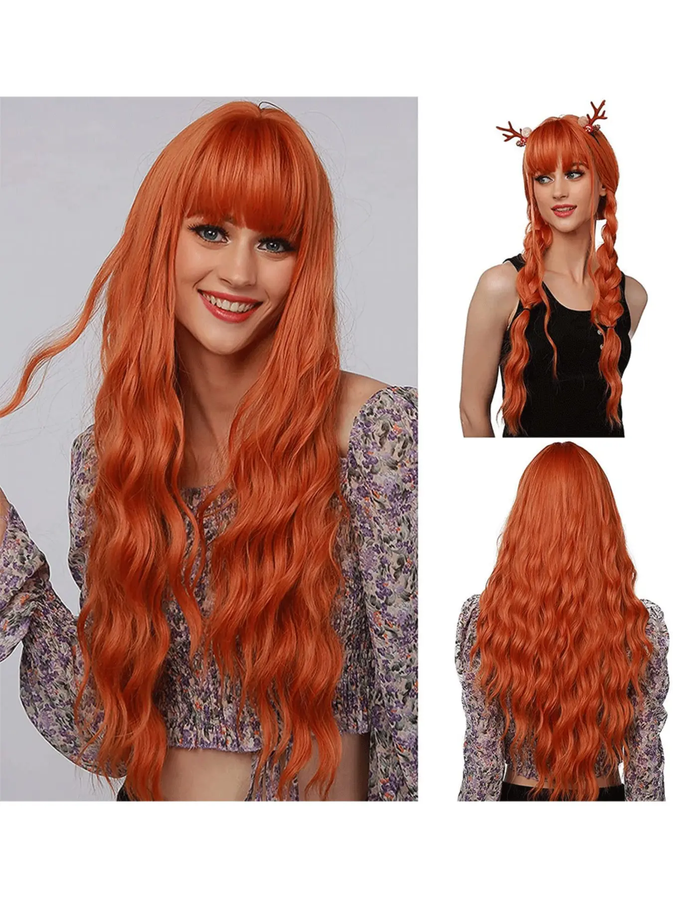 Long Ginger Orange Wigs for Women Natuaral Synthetic Wavy Curly Hair Wig for Party Cosplay Use-26 Inches
